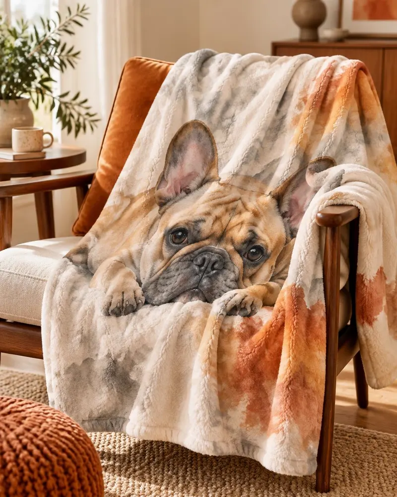 Watercolor french bulldog design on a blanket