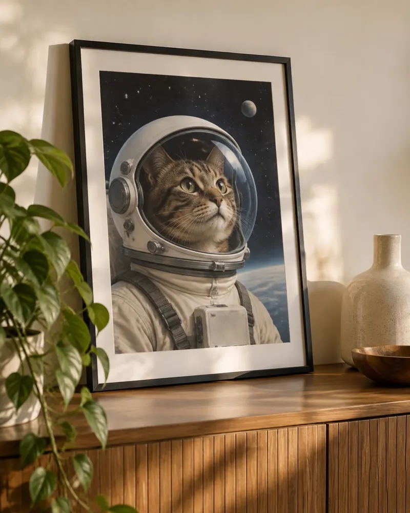 Astronaut tabby cat design on a framed poster